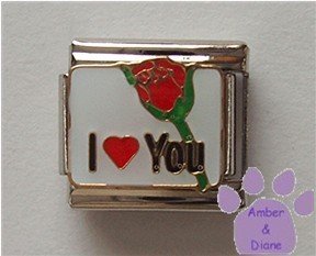 I Love You Italian Charm with a Red Heart and a Red Rosebud