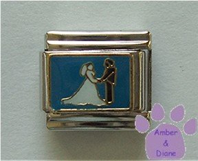 Bride and Groom Italian Charm holding hands on a blue background