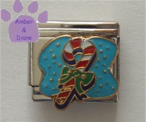 Candy Cane Italian Charm on blue enamel with green bow