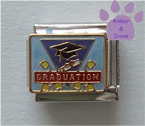 GRADUATION Italian Charm on blue enamel - mortar board and diploma