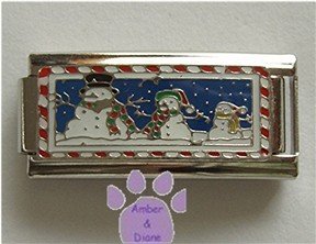 Snowman Family Super Link Italian Charm with a snowy background