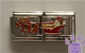 Double Link Santa and his Sleigh Italian Charm with his reindeer