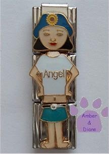 Little Girl "Angel" Triple Link Italian Charm with Black Hair
