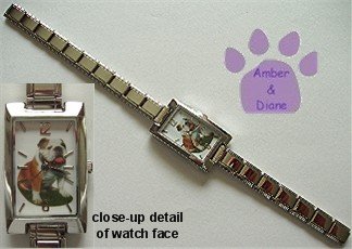 English Bull Dog Rectangular Italian Charm Silvertone Watch