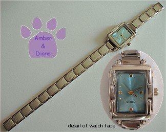 Blue Rectangular Silvertone Italian Charm Watch with 16 links
