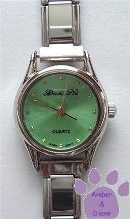 Green Silvertone Italian Charm Watch with 15 links
