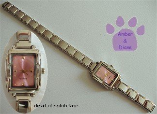 Pink Rectangular Silvertone Italian Charm Watch with 16 links