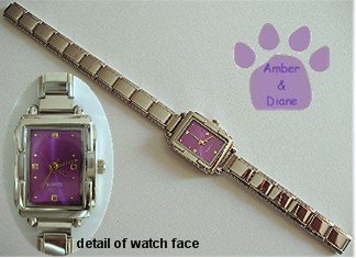 Purple Rectangular Silvertone Italian Charm Watch with 16 links