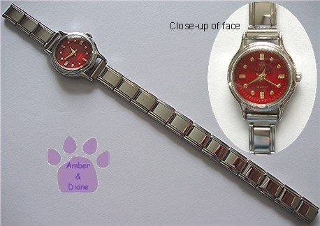 Red Silvertone Italian Charm Watch with 15 links & bars on face