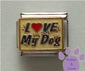 LOVE My Dog Italian Charm on blue enamel Red Heart and Pawprints