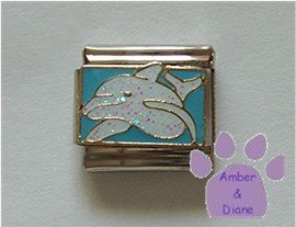 Dolphin Swimming Italian Charm white glitter dolphin on blue