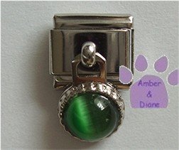 Round Dangle Emerald Cats Eye Birthstone Italian Charm for May