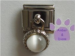 Round Dangle White Cats Eye Birthstone Italian Charm for April