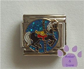 Black Carousel Horse Italian Charm on blue glitter disc