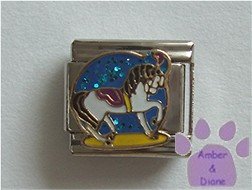 White Carousel Horse Italian Charm blue glitter black mane tail