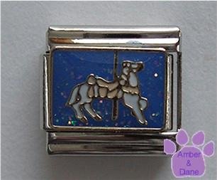 White Carousel Horse Italian Charm on blue glitter background