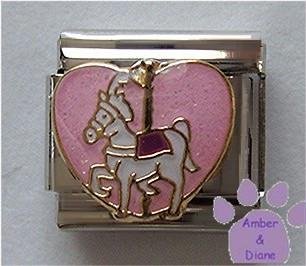 White Carousel Horse Italian Charm on pink glitter heart