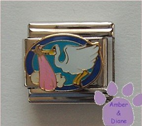 Stork Carrying a Baby Italian Charm baby in a pink blanket