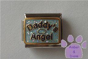 Daddy's Angel Italian Charm on blue glitter with halo
