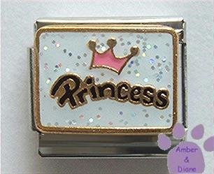Pink Crown Princess on white glitter Italian Charm