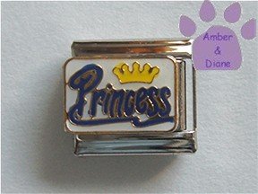 Yellow Crown Princess Italian Charm blue script on white
