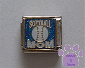 SOFTBALL MOM Italian Charm on blue glitter