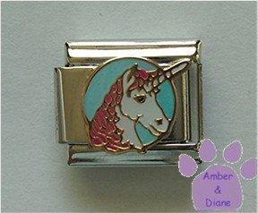 Beautiful White Unicorn with Rosey Mane on light blue disc