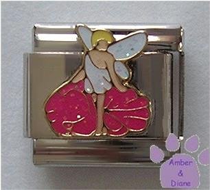 Fairy on a Pink Flower Italian Charm with White Glitter Wings