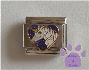 White Unicorn Italian Charm on a purple glitter heart