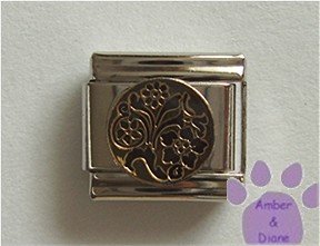 Flowers in Black Italian Charm on a gold tone disc