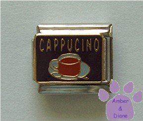CAPPUCINO Italian Charm with a cup of Cappucino on black enamel