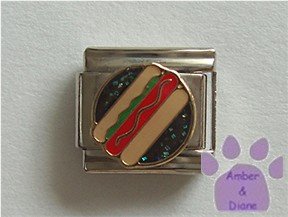 Hot Dog Italian Charm on a black glitter enamel disc