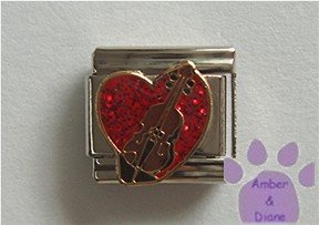 Bass Fiddle on a Large Red Glitter Heart Italian Charm