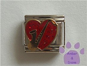 Saxophone on a Large Red Glitter Heart Italian Charm