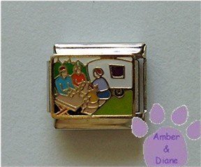 Campers at Picnic Table Italian Charm Camper Trailer Campground