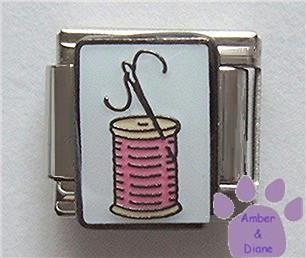 Needle and Spool of Thread Italian Charm on White Enamel