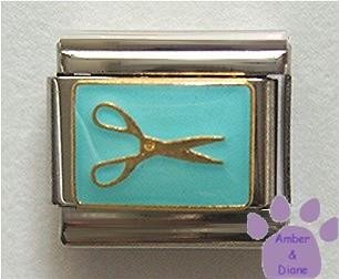 Scissors on aqua Italian Charm for Hairdresser Scrapbooker Groomer