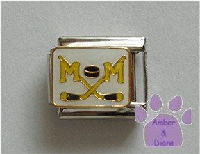 Hockey MOM Italian Charm with crossed hockey sticks and puck