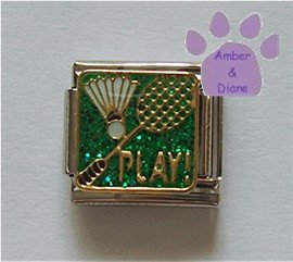 PLAY Badminton Racket and Birdie Italian Charm on green glitter