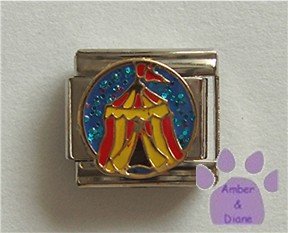 Circus Tent Italian Charm on a blue glitter enamel disc