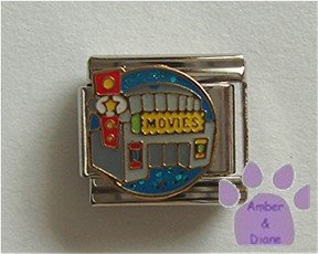 Movie Theater Italian Charm on a blue glitter disc