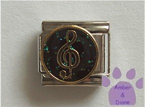 Treble Clef Italian Charm gold tone on Black Glitter Enamel