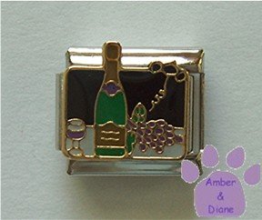 Wine Bottle, Glass and Grapes Italian Charm on black background
