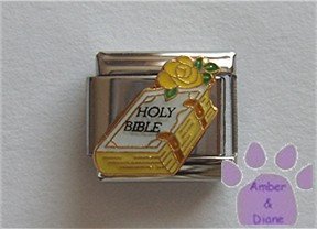 Holy Bible Italian Charm white with a yellow rose on top