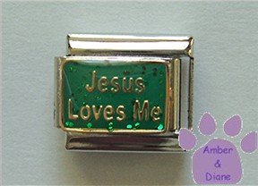 Jesus Loves Me Italian Charm on green glitter