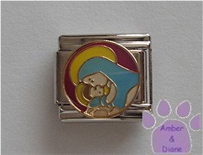 Mary and Baby Jesus Italian Charm on a magenta disc