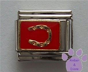 Lucky Horse Shoe Italian Charm Goldtone horseshoe on Red Enamel