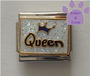 Blue Crown Queen on white glitter Italian Charm