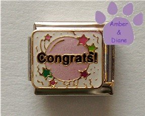 Congrats Italian Charm on white - pink balloon, stars, confetti