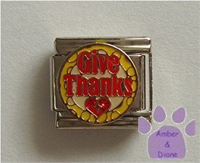 Give Thanks Italian Charm with a cross on a Red Glitter Heart